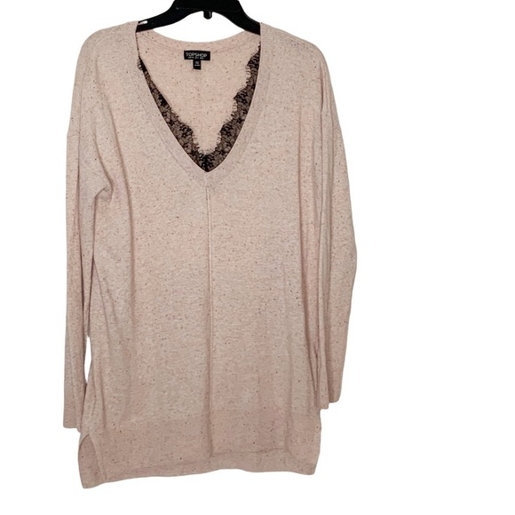 Topshop pink sweater with V neckline and lace details. Size 4 - Picture 1 of 6